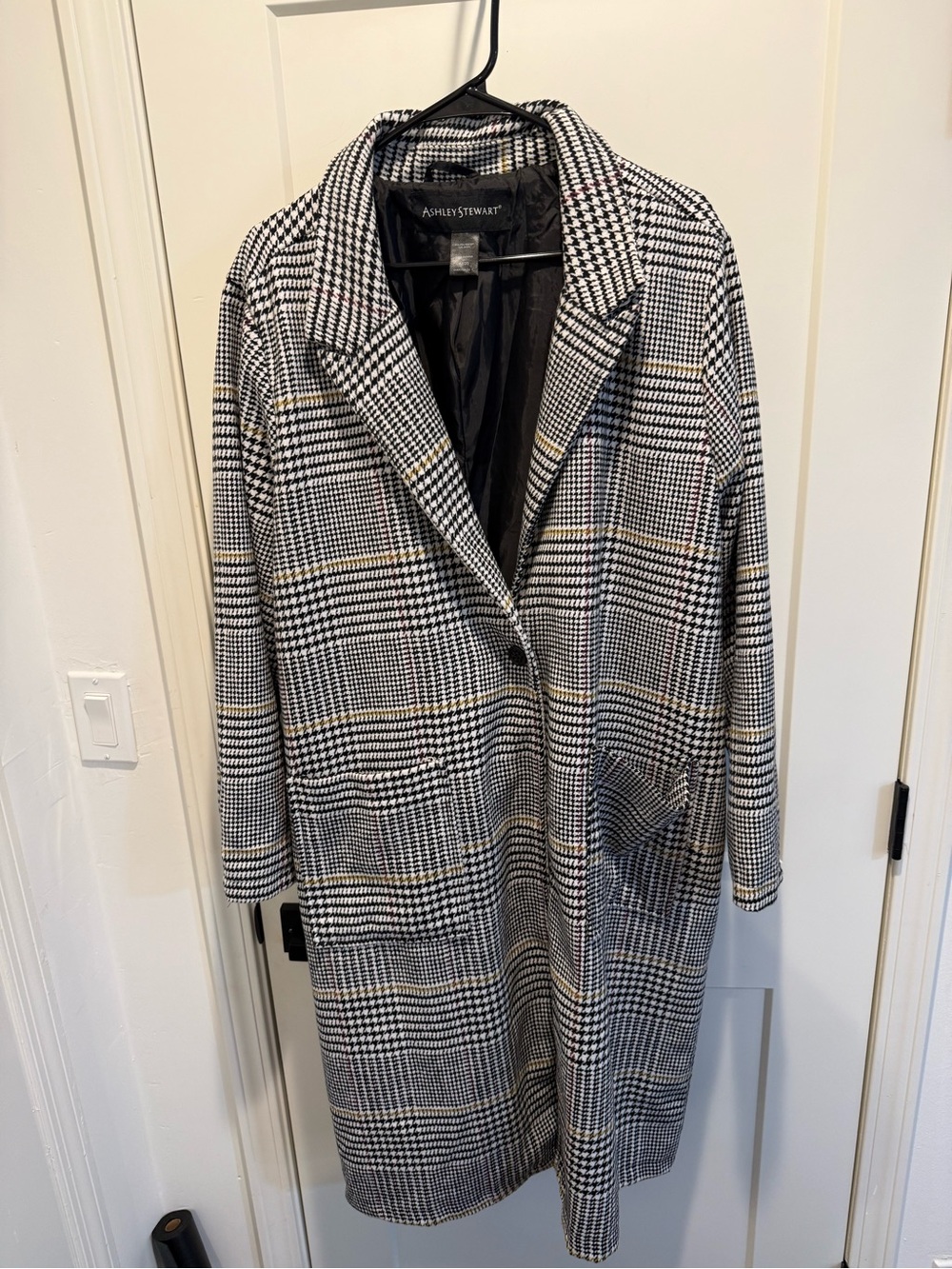 Ashley Stewart Black and White Glen Plaid Long Trench Coat